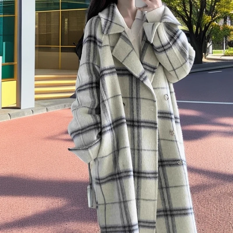 高级感格子毛呢大衣女中长款2024新款韩系秋冬宽松呢子外套小个子