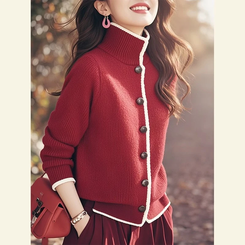 高级感新年红高领针织衫女2024秋冬新款超好看单排扣慵懒宽松毛衣