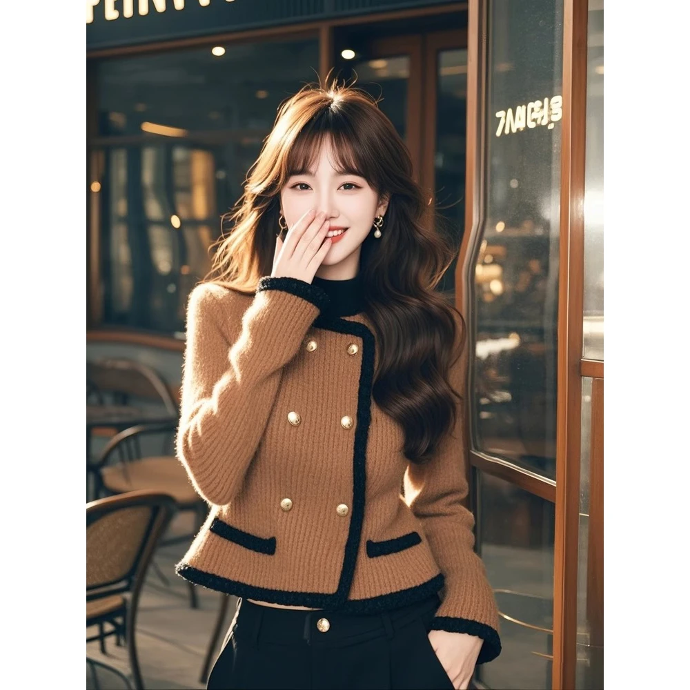 2024冬时髦洋气高级感针织上衣法式气质独特超好看小香风咖色毛衣
