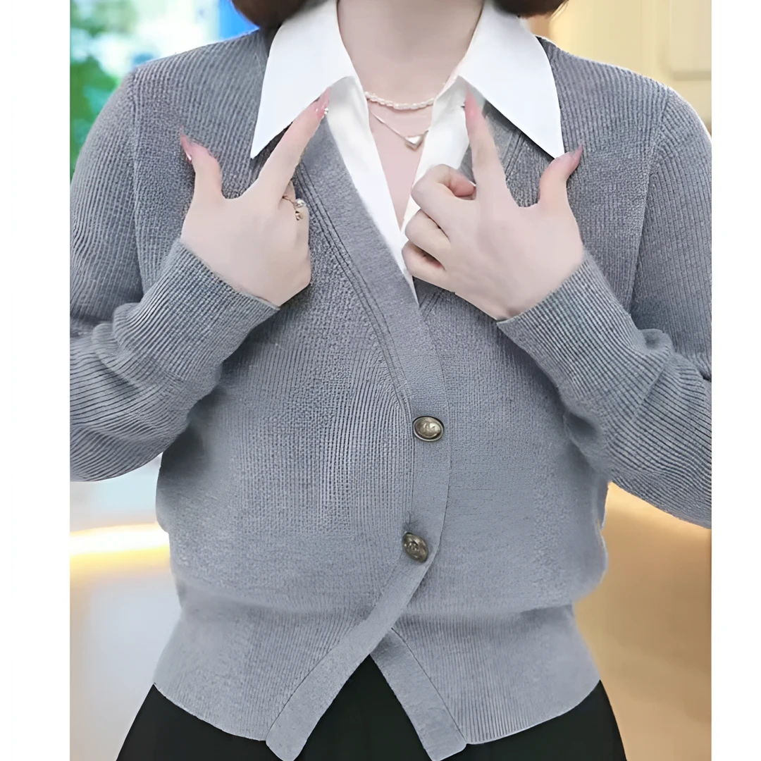 气质针织衫女秋季穿搭灰色毛衣内搭长袖显瘦假两件上衣女时尚洋气