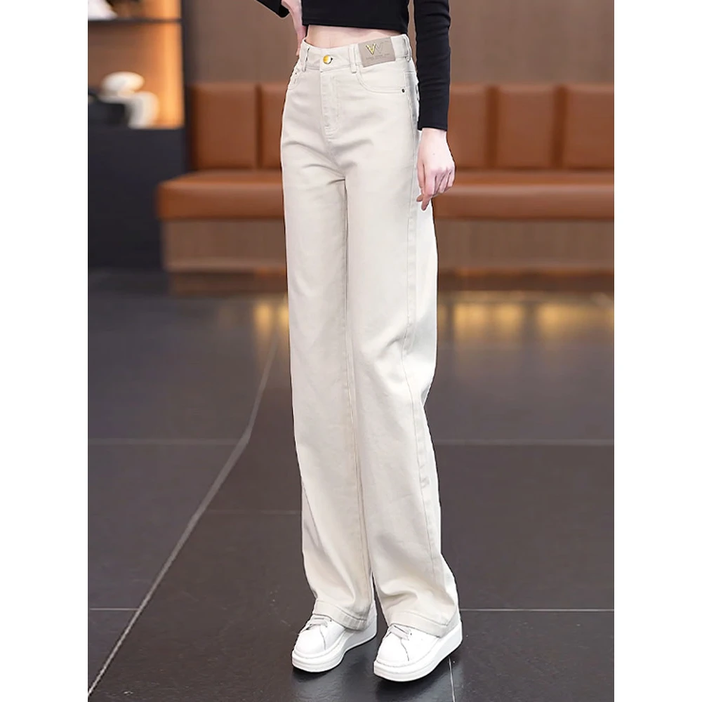 米白色好软牛仔直筒裤女2024新款宽松女裤子春秋季窄版阔腿裤女