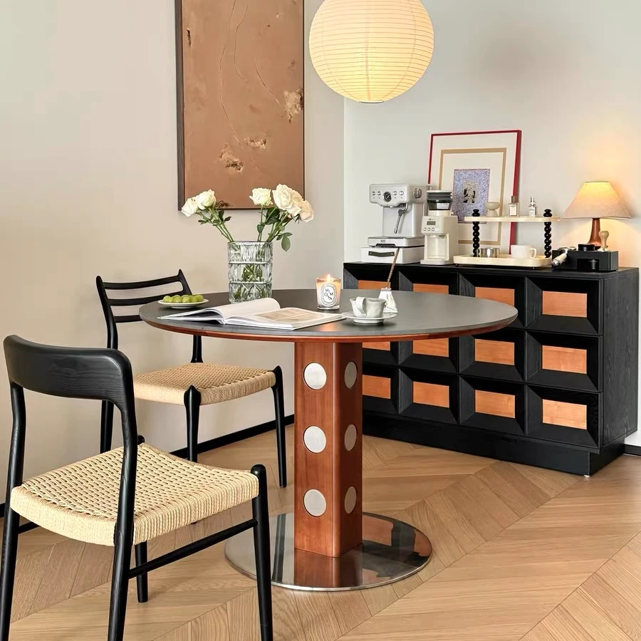 【蜜悦家具】中古圆桌复古金属腿圆形餐桌北欧包豪斯实木岩板饭桌