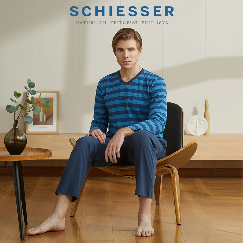 SCHIESSER舒雅棉质宽条纹印花V领可外穿男士睡衣家居服套装20331H