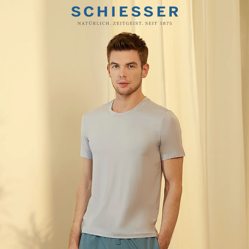 SCHIESSER舒雅男士莫代尔桑蚕丝3A抗菌抑菌圆领短袖上衣T恤19131M