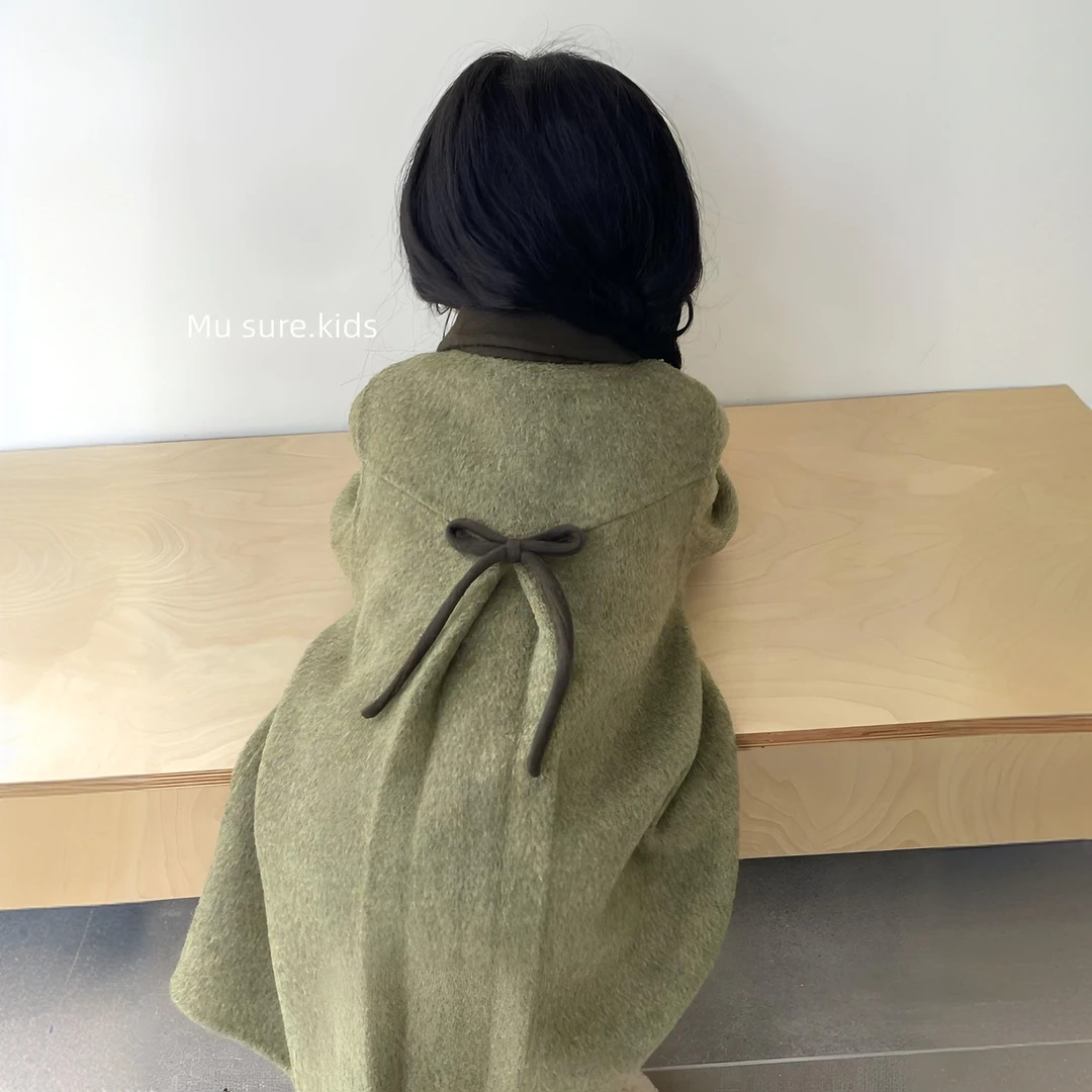 韩国童装秋冬新款复古绿翻领双面呢蝴蝶结大衣女童中长款毛呢外套