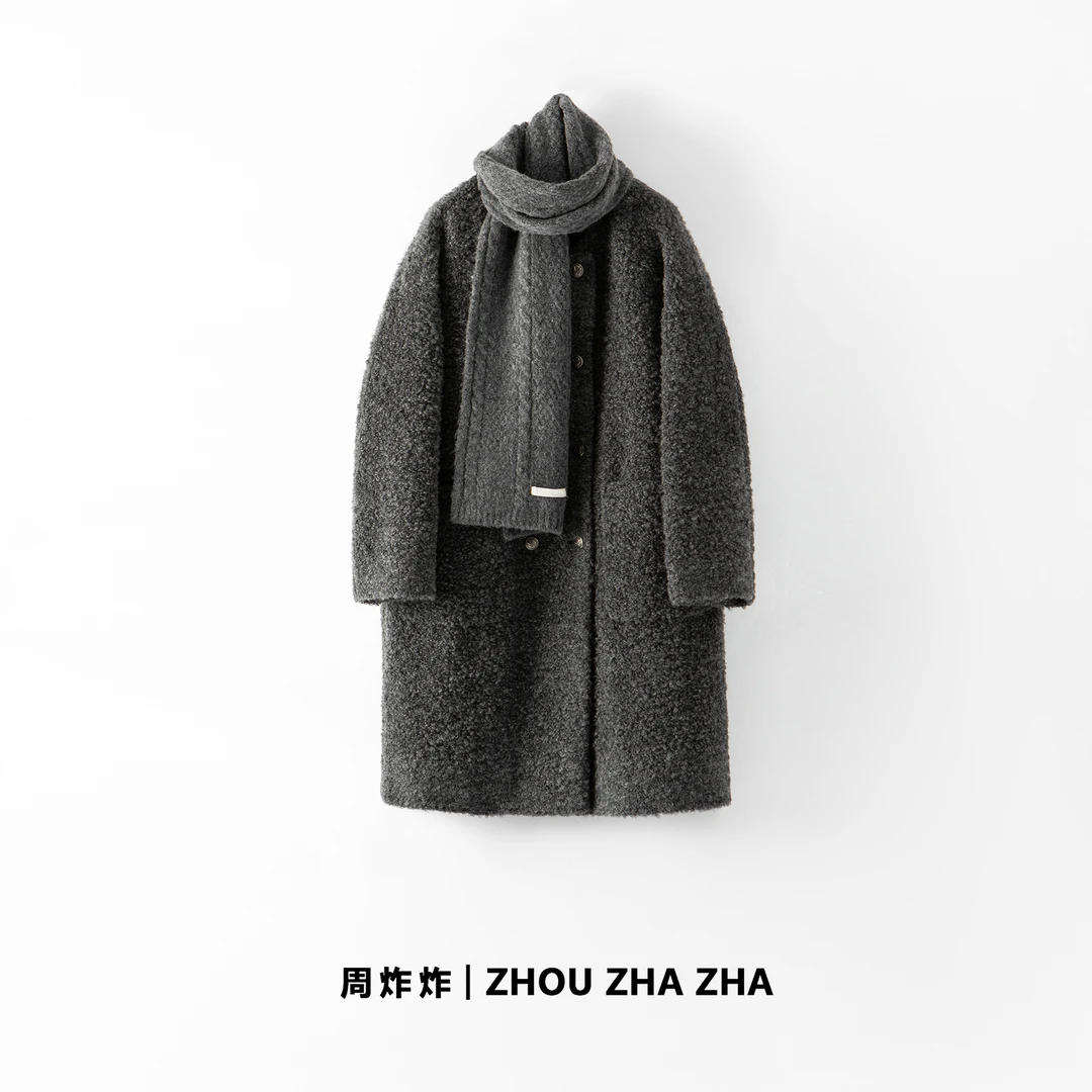 【周炸炸】90白鹅绒全羊毛 阔版休闲大衣长款毛呢外套羽绒服#240970