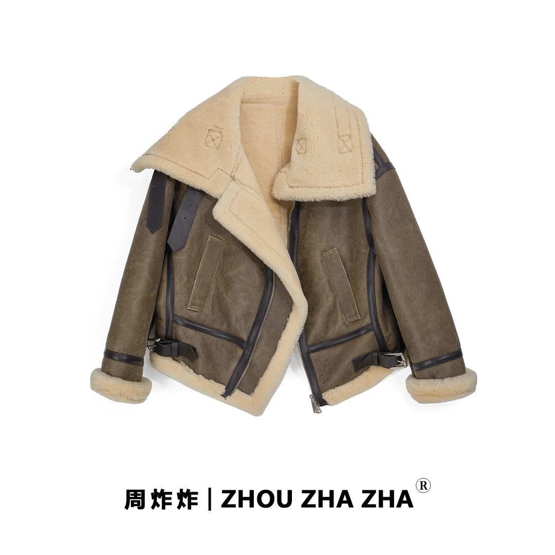 【周炸炸】复古个性大翻领机车款两穿皮毛一体外套#237063