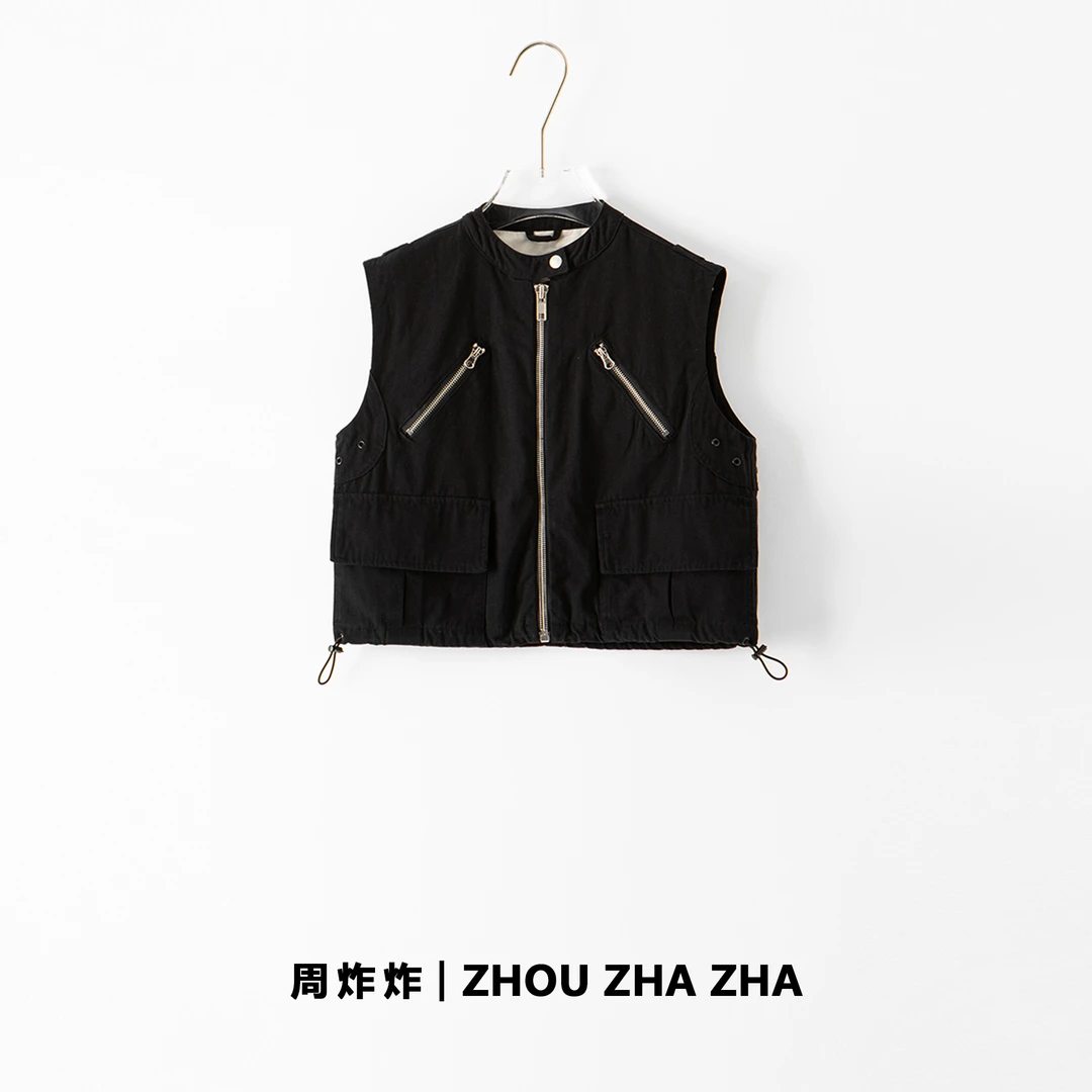 【周炸炸】时髦辣妹工装风褶饰工装背心夹克马甲#242989