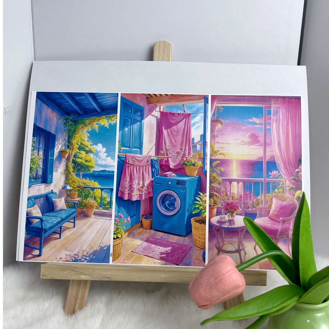 （102）手机背卡贴纸防水背景纸DIY贴纸梦幻生活小洋楼风5大张15款