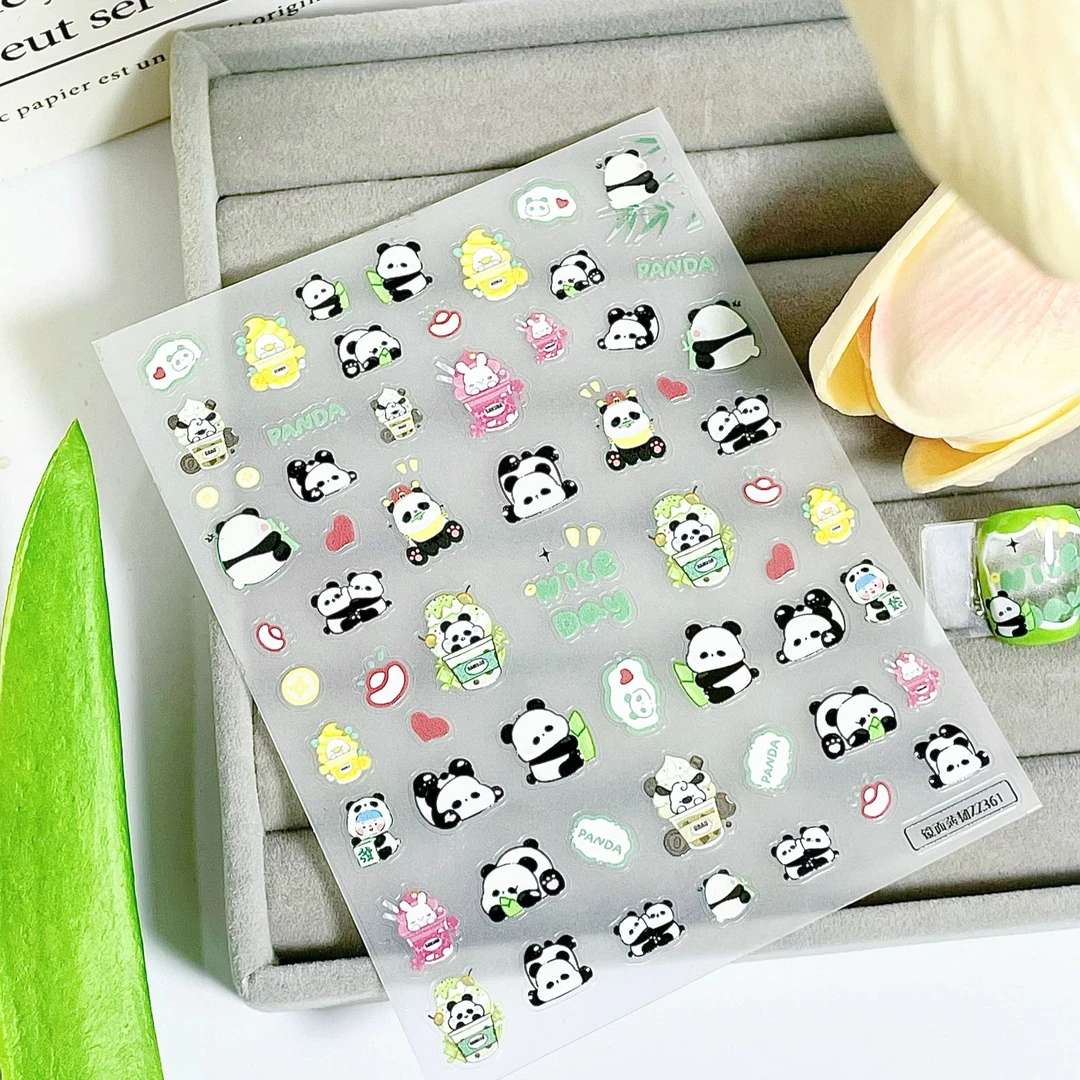 小红书爆款镜面可爱竹子熊猫三张同款美甲贴片便签防水装饰diy