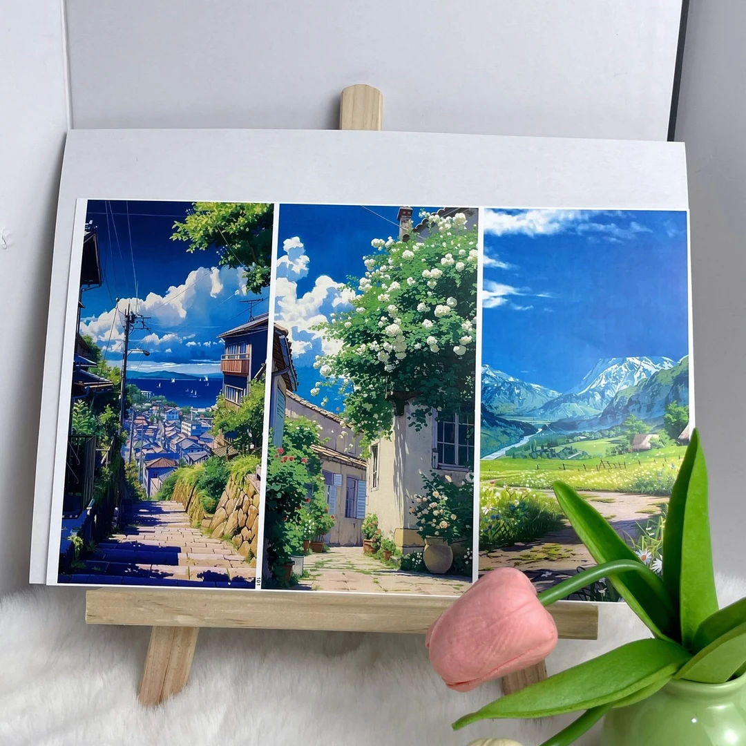 （101）手机背卡贴纸防水背景纸街景雨季风diy贴纸5大张15款