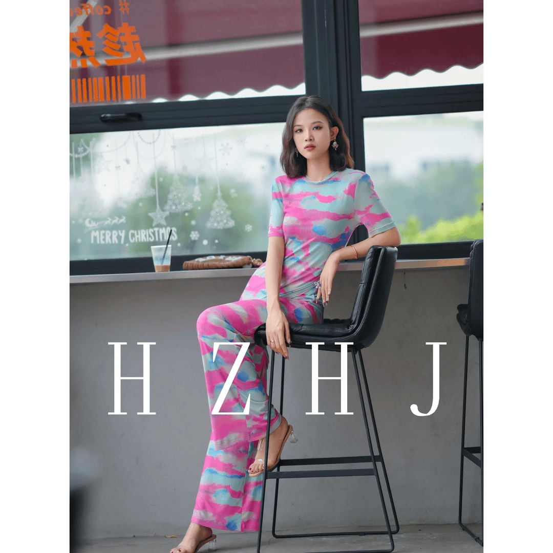 HZHJ原创设计师款   粉蓝流沙 套装裤  显瘦洋气奢气质修身529