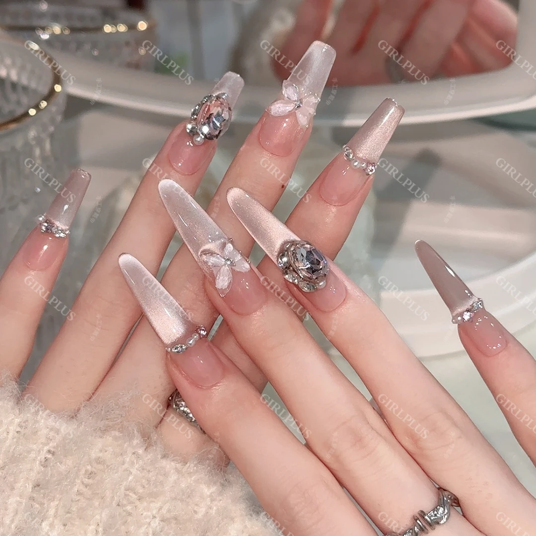 【夏夜长梦】sy猫眼法式纯手工穿戴甲重复使用中长显白美甲