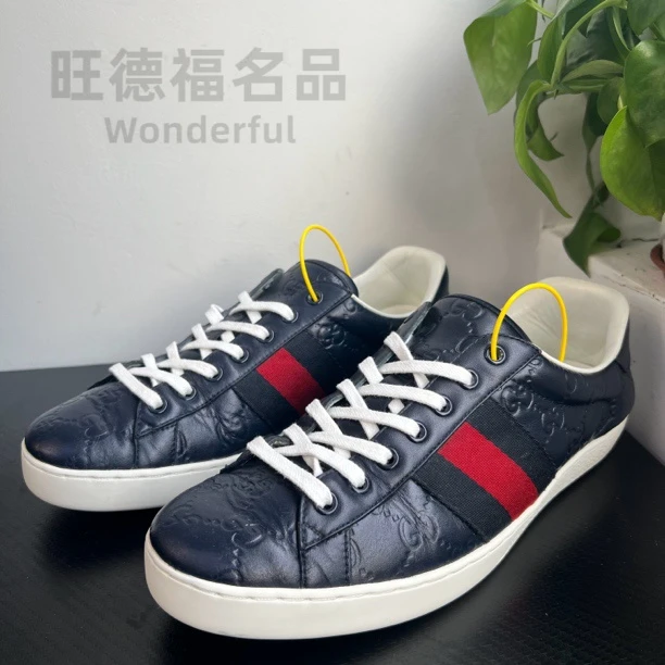 GUCCI/古驰41欧码藏蓝压印满老花板鞋无配件成色自定义wdf347