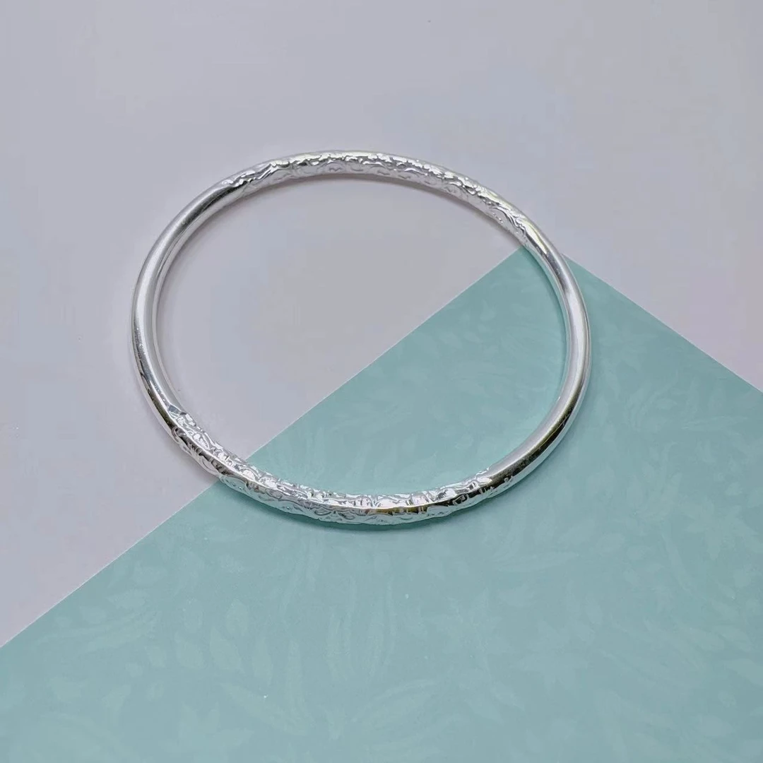 足银手镯 足银999.9经典时尚卷草纹手工闭口手镯