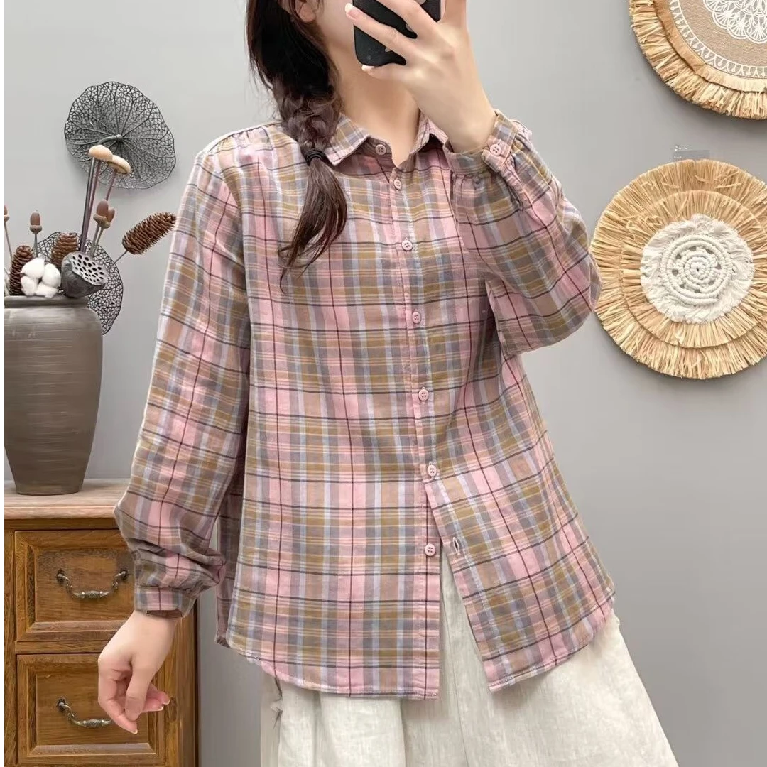 格纹方块大格子衬衫长袖时尚休闲百搭宽松显瘦翻领衬衣