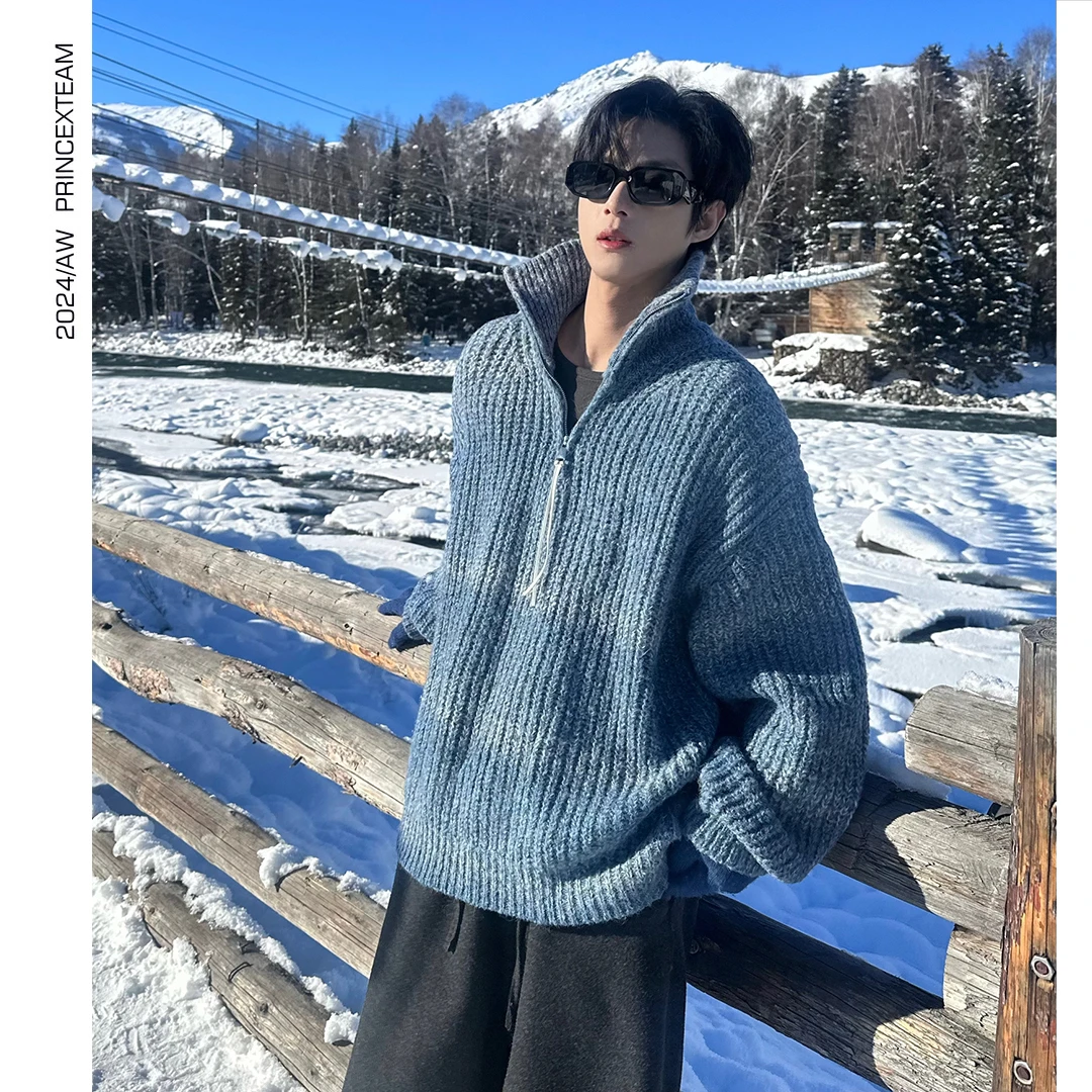 XT.24秋冬立领拉链渐变氛围感针织毛衣慵懒宽松上衣男女同款休闲