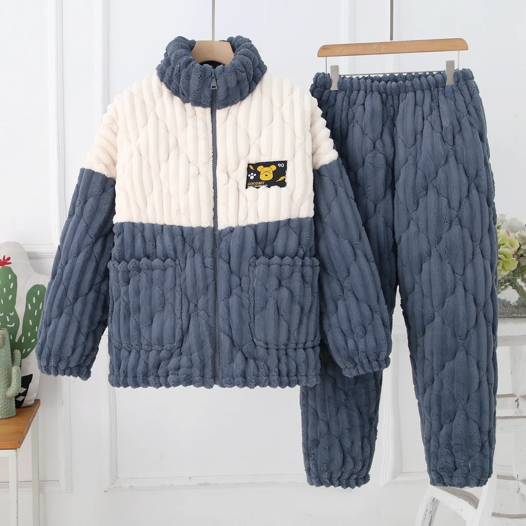 拉链睡衣男冬季加厚家居服套装保暖法兰绒三层夹棉加绒可外穿简约