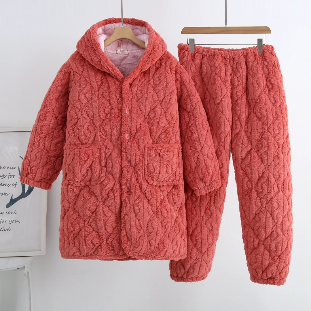 长袍帽子家居服月子服女冬加绒可调节裤腰三层加厚长款套装可外穿