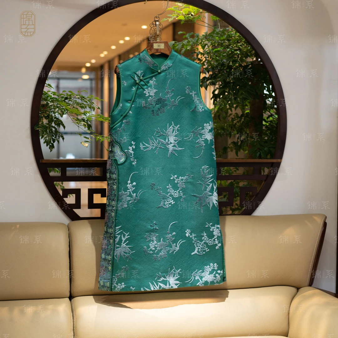 【锦系】漳绒新中式桑蚕丝立领斜襟无袖连衣裙L-36642-ZRD4166778