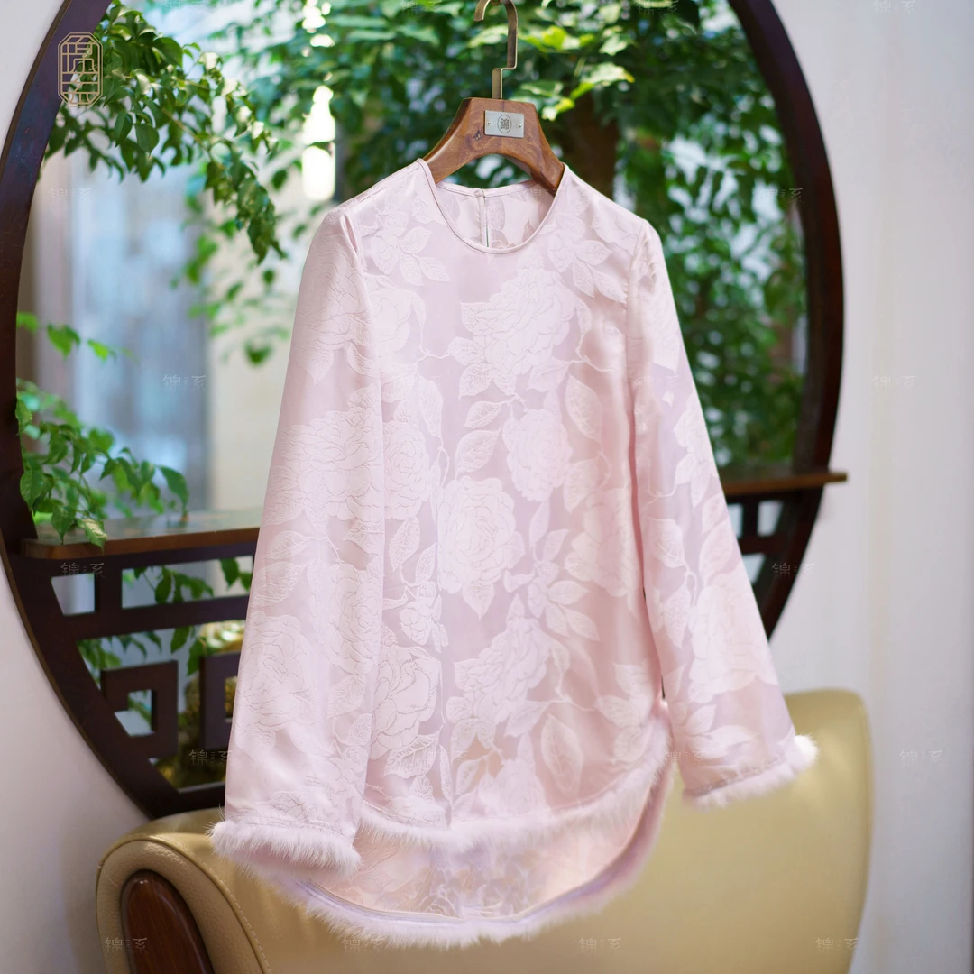 【锦系】桑波缎拼皮毛一体水貂毛边新中式国风桑蚕丝上衣C-382143