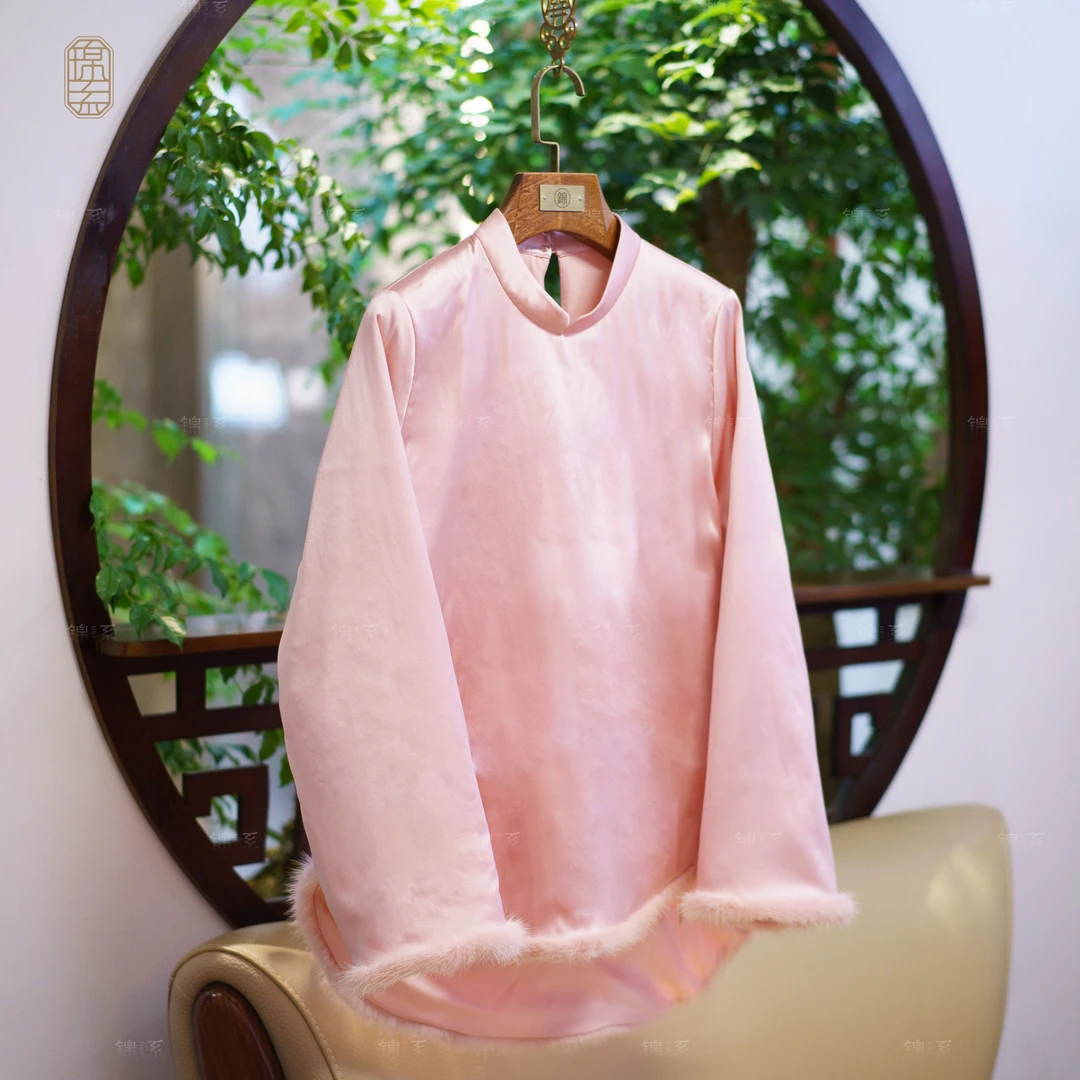 【锦系】弹力缎拼皮毛一体水貂毛边新中式桑蚕丝加棉上衣C-382153