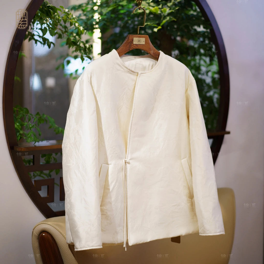 【锦·系】丝毛提花新中式国风桑蚕丝圆领斜襟长袖外套E-382052