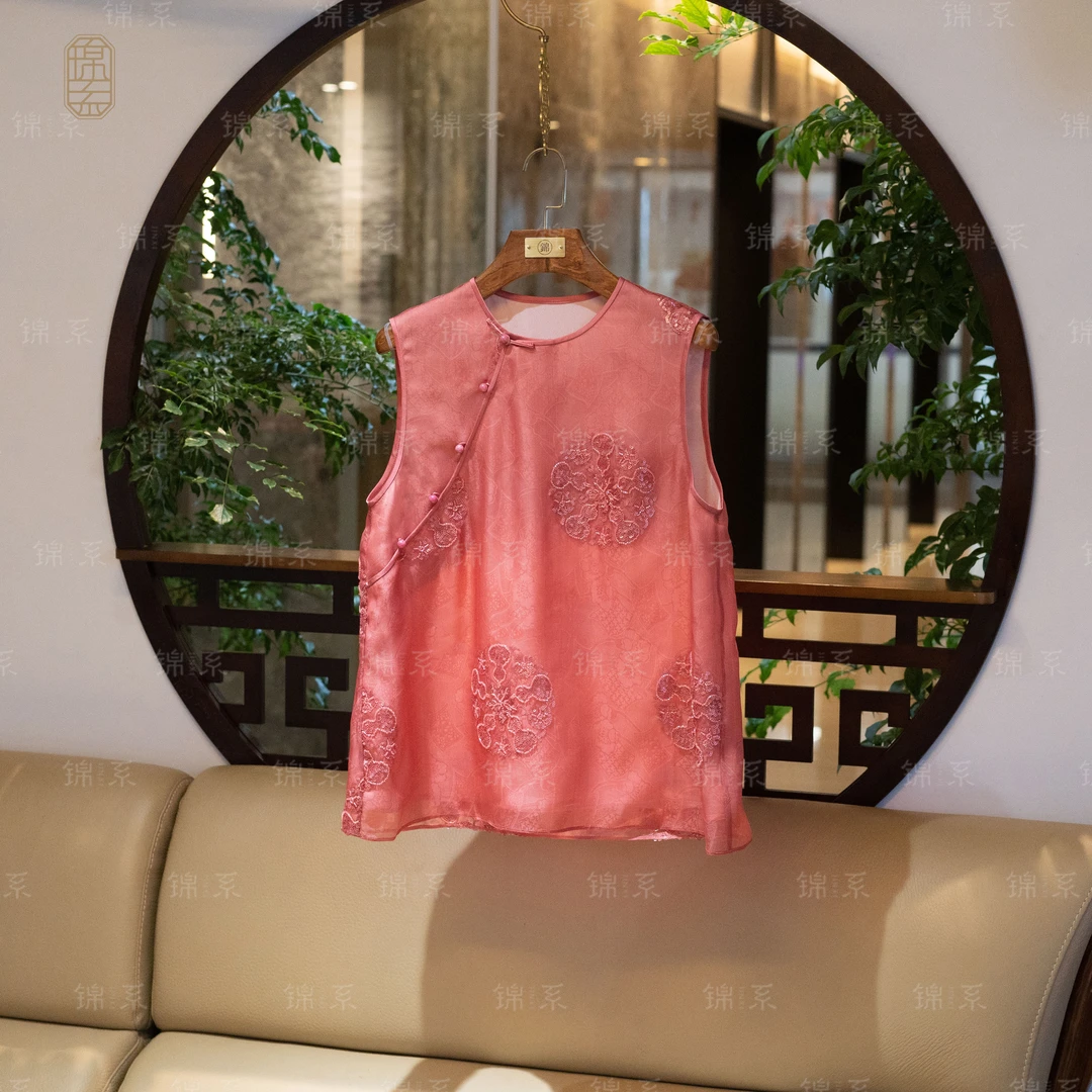 【锦系】真丝欧根缎提花新中式桑蚕丝马甲背心C-36619-S3149961
