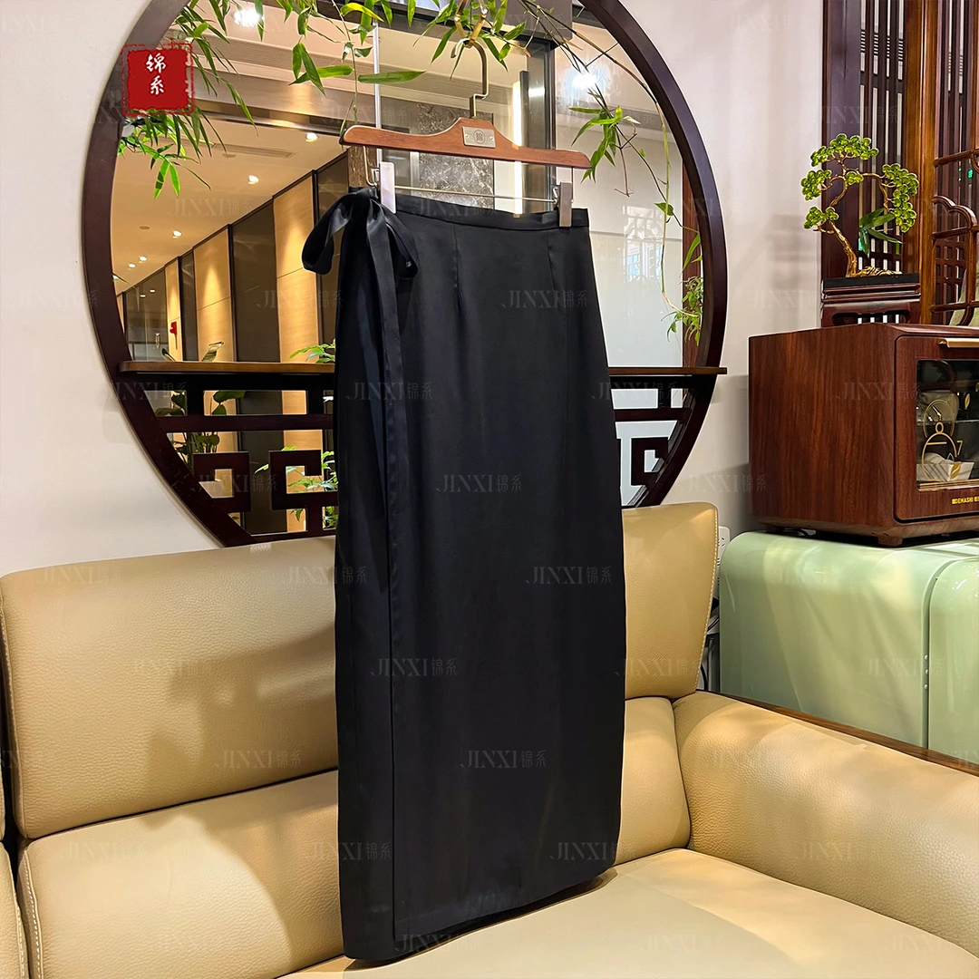 【新款~推荐】Q-31646黑色老皮裹裙新中式国风桑蚕丝腰带半身裙