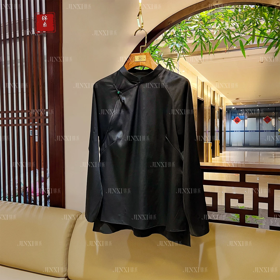 【新款~推荐】C-31198真丝弹力缎香云纱新中式国风桑蚕丝立领上衣