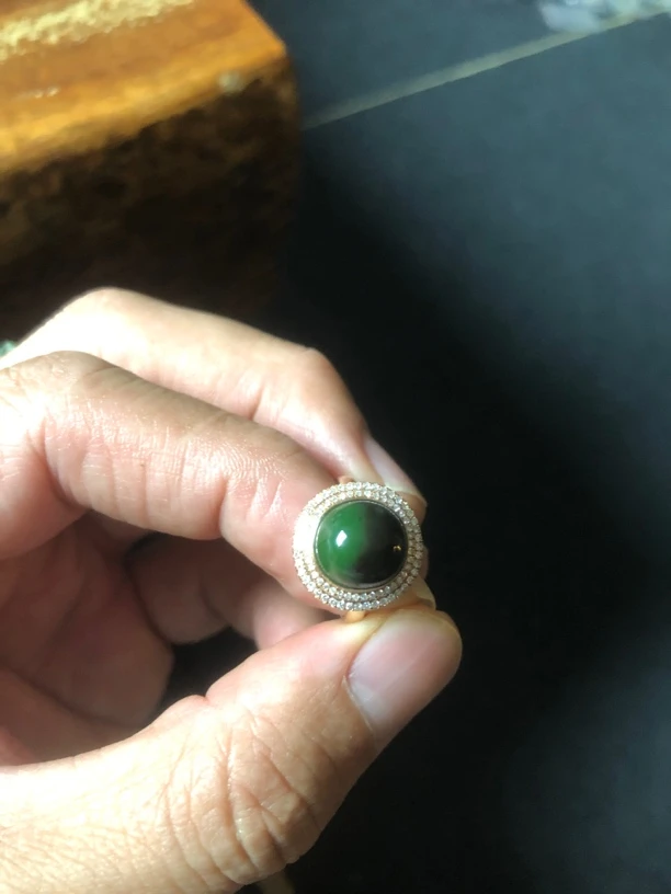 和田玉碧玉红皮戒指18K