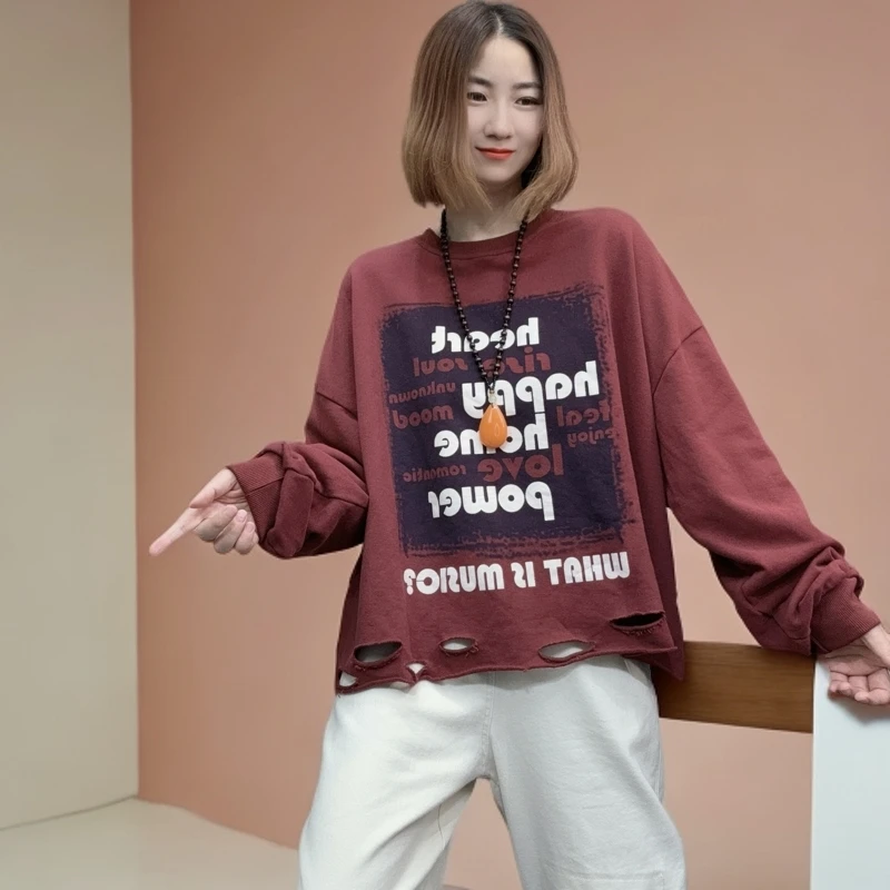 YXR&71567早秋新款圆领ins印花卫衣宽松休闲时尚百搭2024破洞款