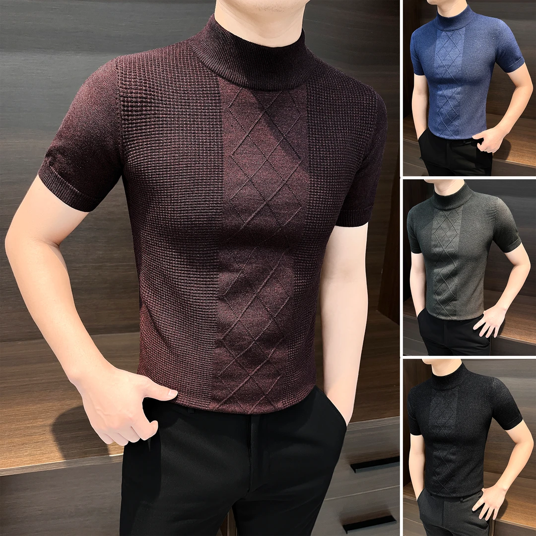 半高领针织短袖T恤男款爆款2025新款菱形格子毛衣秋冬男士打底衫