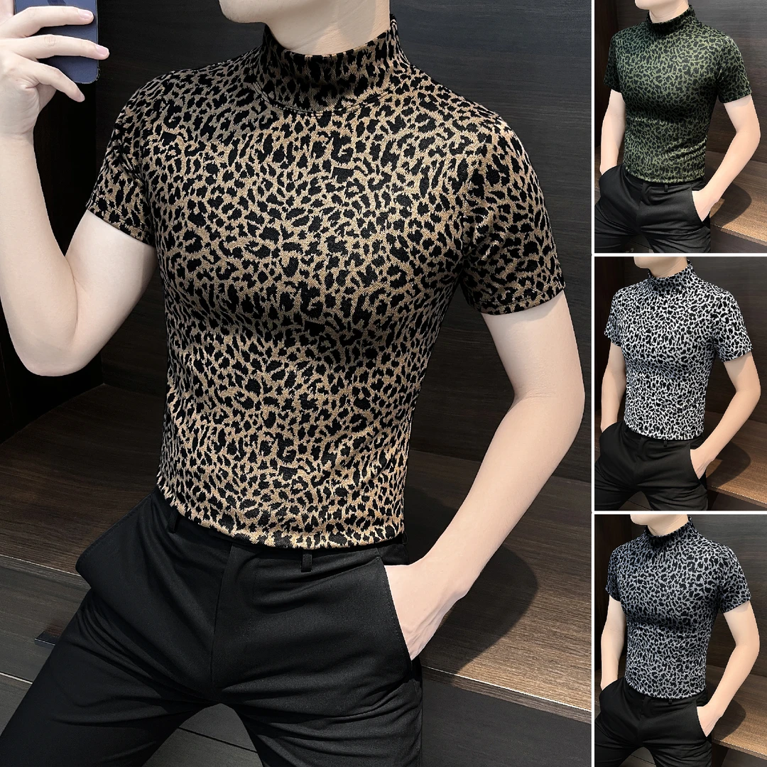 豹纹短袖T恤男款时尚潮流男装痞帅高级感修身网红提花男士打底衫