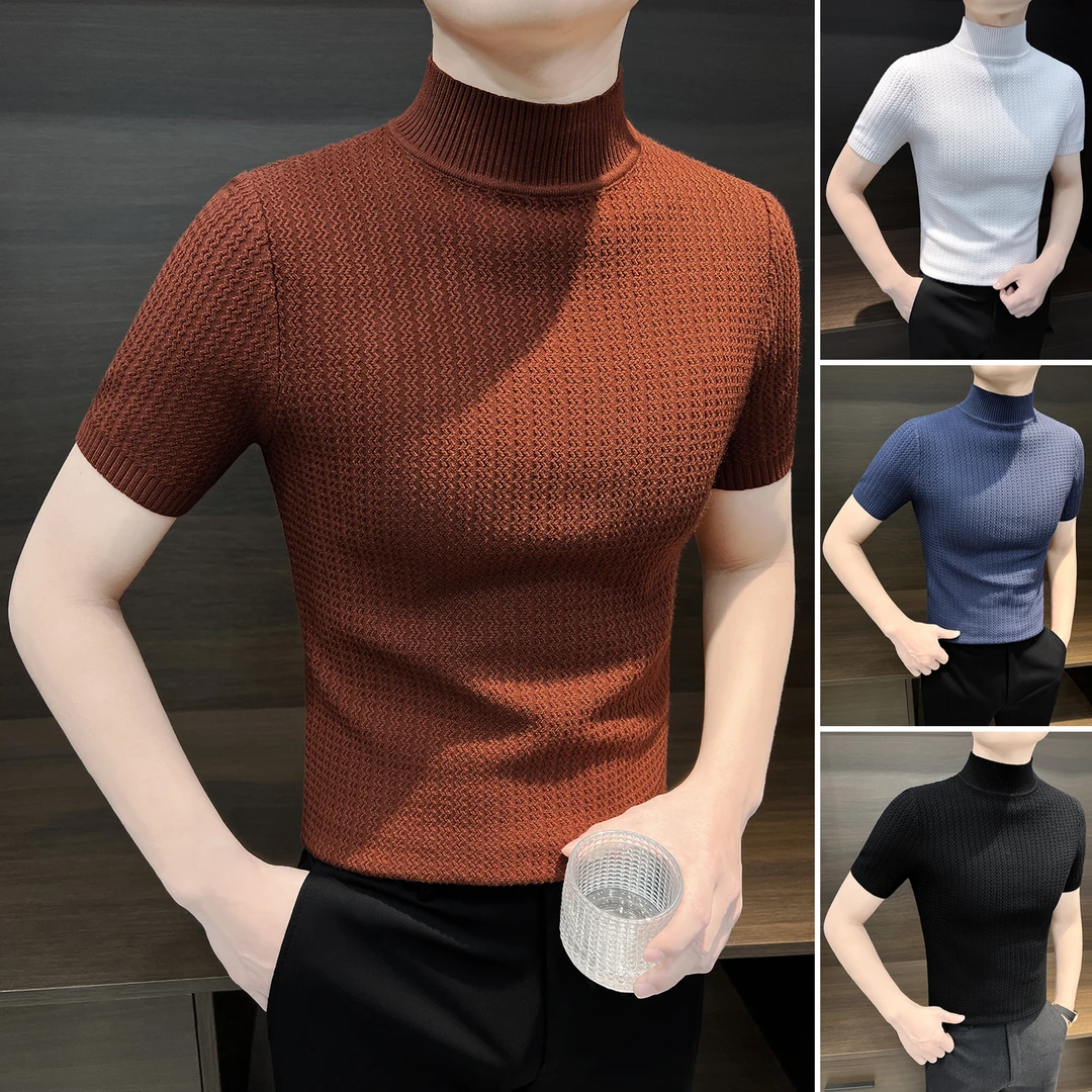 半高领短袖T恤男士红色毛衣新款2025爆款秋冬男款西装打底针织衫