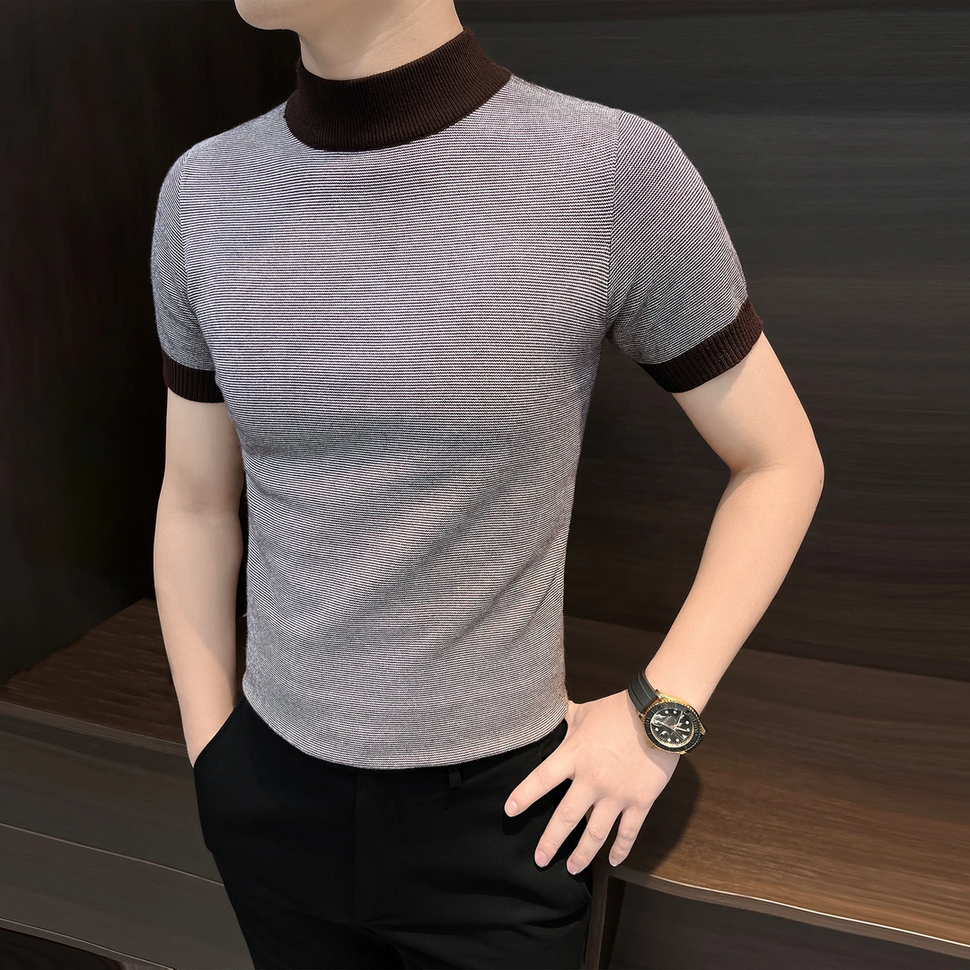 半高领针织短袖男士打底衫痞帅高级感毛衣爆款2025新款拼色t恤衫