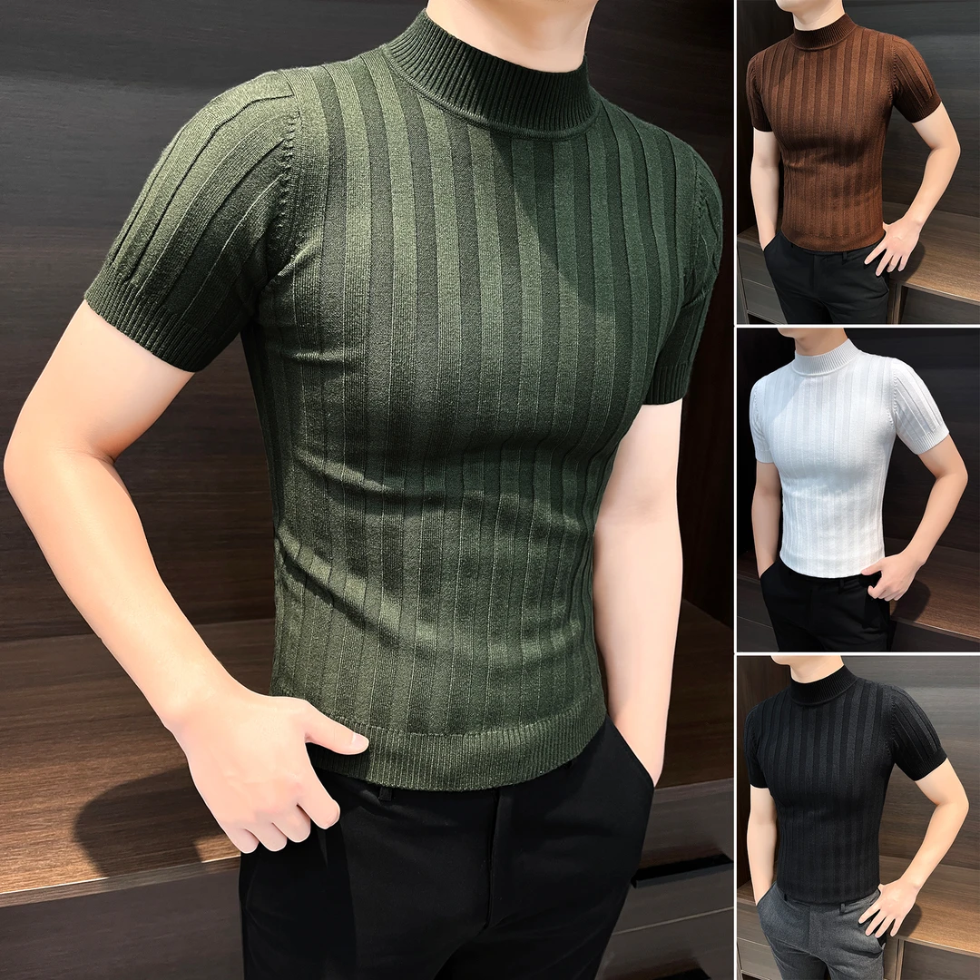 半高领针织短袖t恤男款秋冬款条纹毛衣高级感修身帅气男士打底衫