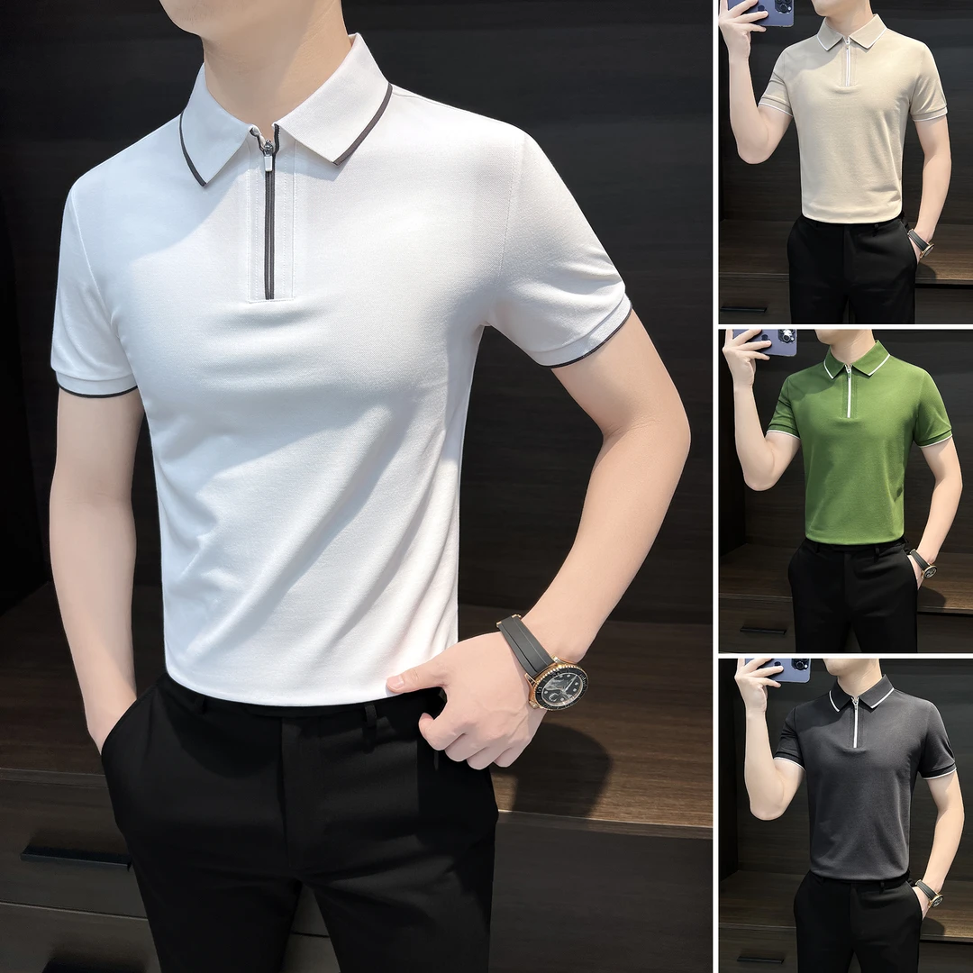 半拉链男士短袖polo衫男款痞帅高级感夏季冰丝翻领男士有领t恤衫