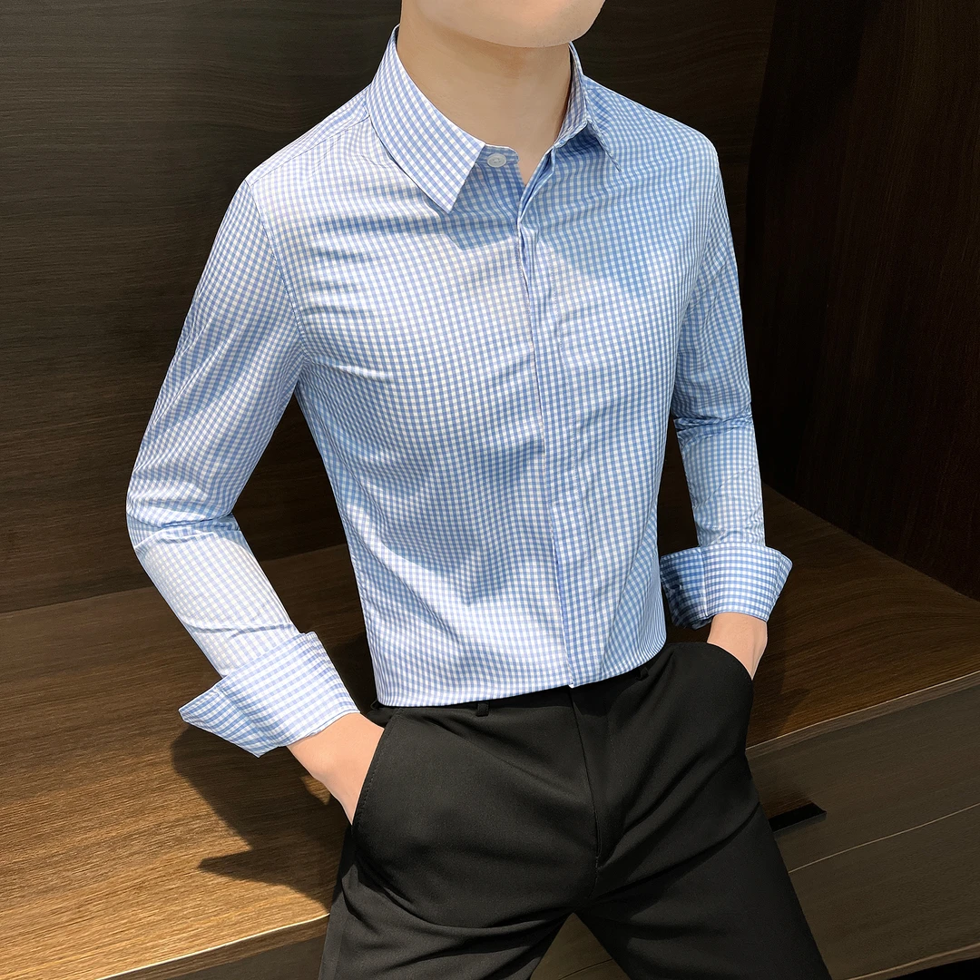 痞帅格子长袖衬衫男款2025新款秋季高级感暗扣洋气上档次衬衣男装