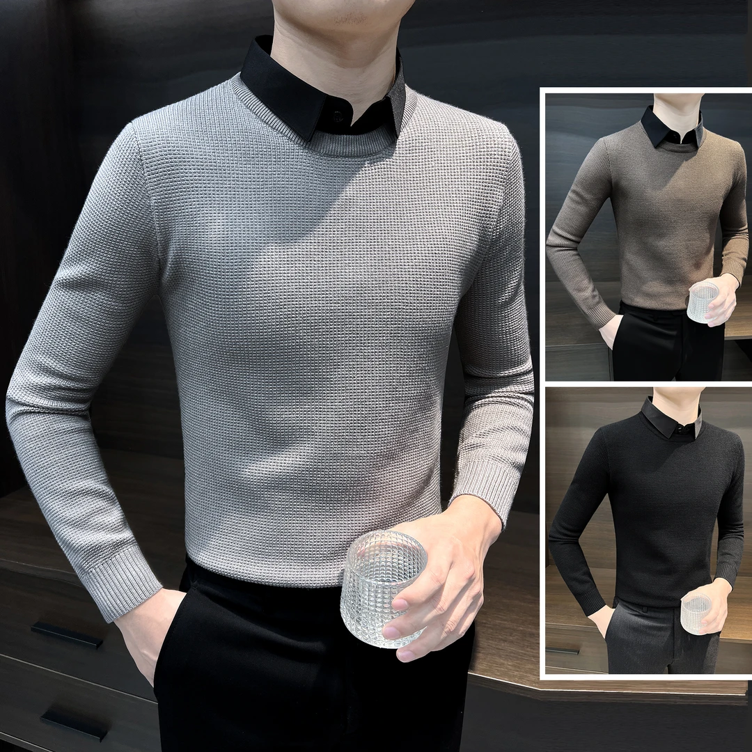 假两件毛衣男款秋冬高级感痞帅衬衫领男装上衣男士翻领打底针织衫