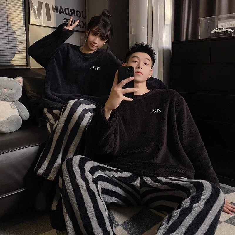 情侣睡衣女秋冬季珊瑚绒加绒加厚保暖男士大码冬天卡通家居服套装