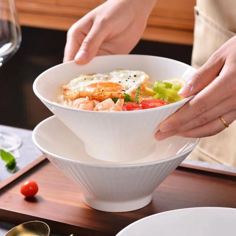 【清仓福利】日式7英寸斗笠碗4只装简约纯白陶瓷大碗高级拉面汤面泡