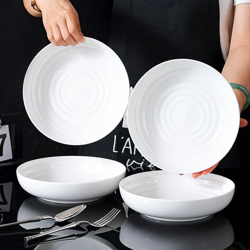 7.5英寸加深粗纹新骨瓷窝盘4只装高温釉下彩蒸盘可微波炉纯白简约