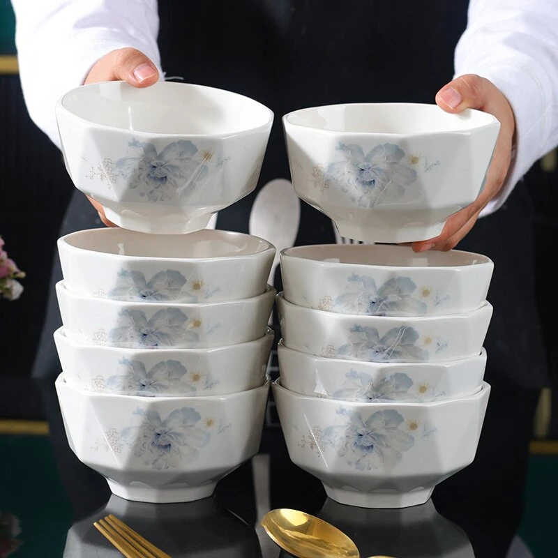 【不含礼盒】4.5英寸炫彩牡丹米饭碗10只装高温陶瓷可微波炉易清洗