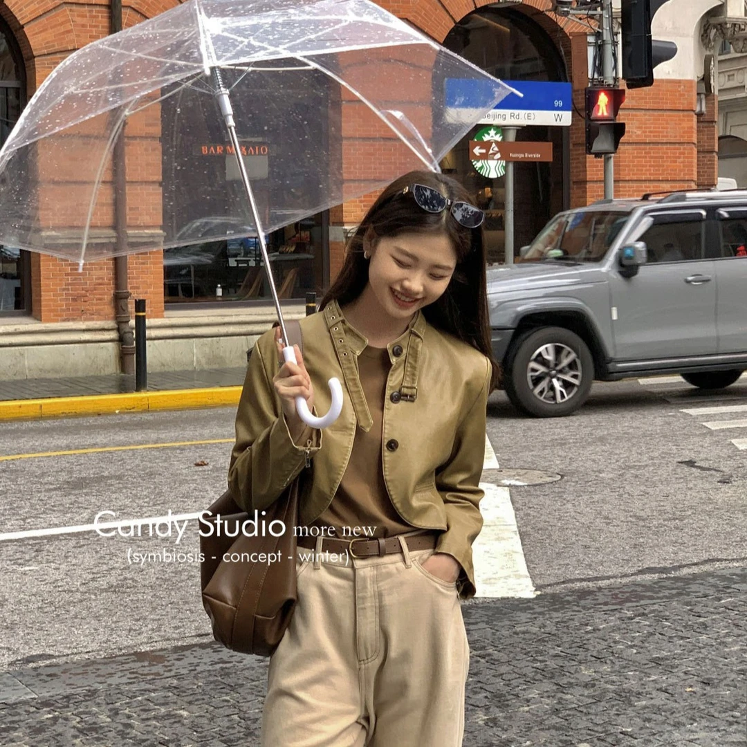 甜酷港风复古皮衣短外套女春秋2023新款机车PU棕色咖啡设计感时尚