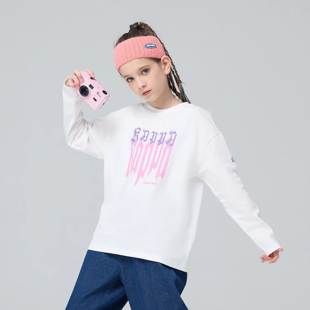 Kappa Kids2023秋款百搭中大童女童休闲长袖印花时尚宽松圆领长袖