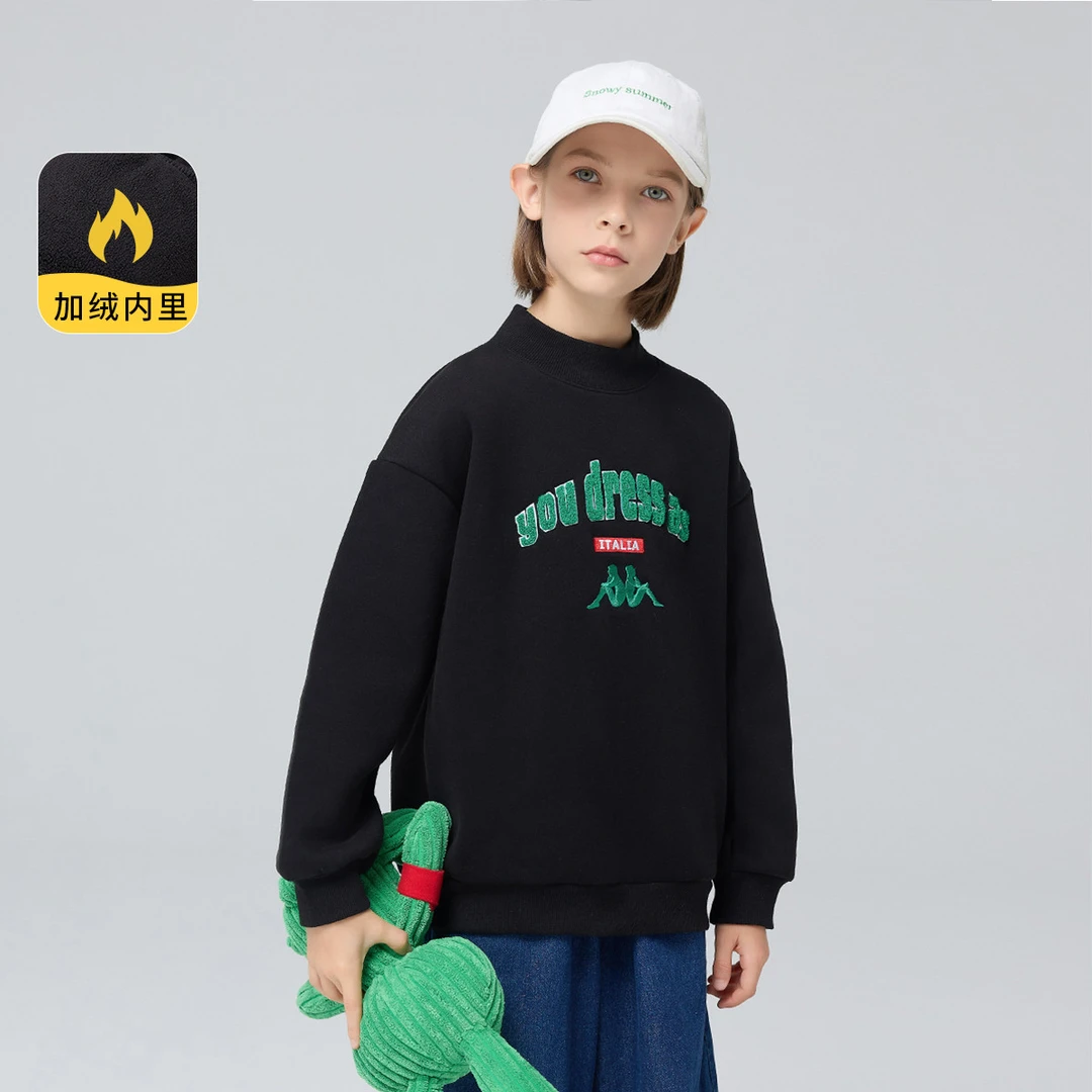Kappa Kids2023冬款加绒中大童圆领时尚休闲简约卡通儿童宽松卫衣