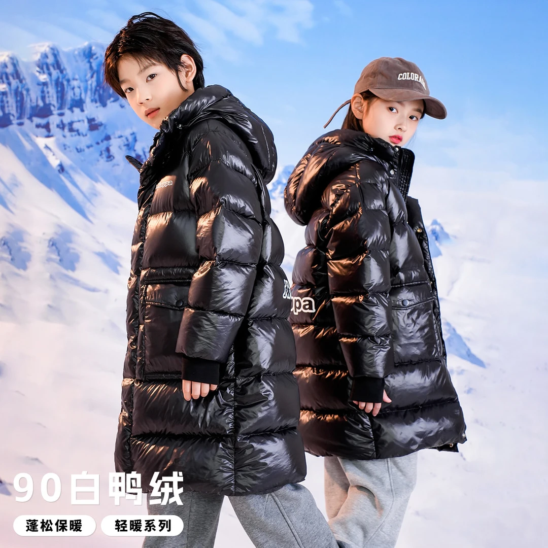 Kappa Kids卡帕儿童连帽长款冬季保暖白鸭绒中大童洋气蓬松羽绒服