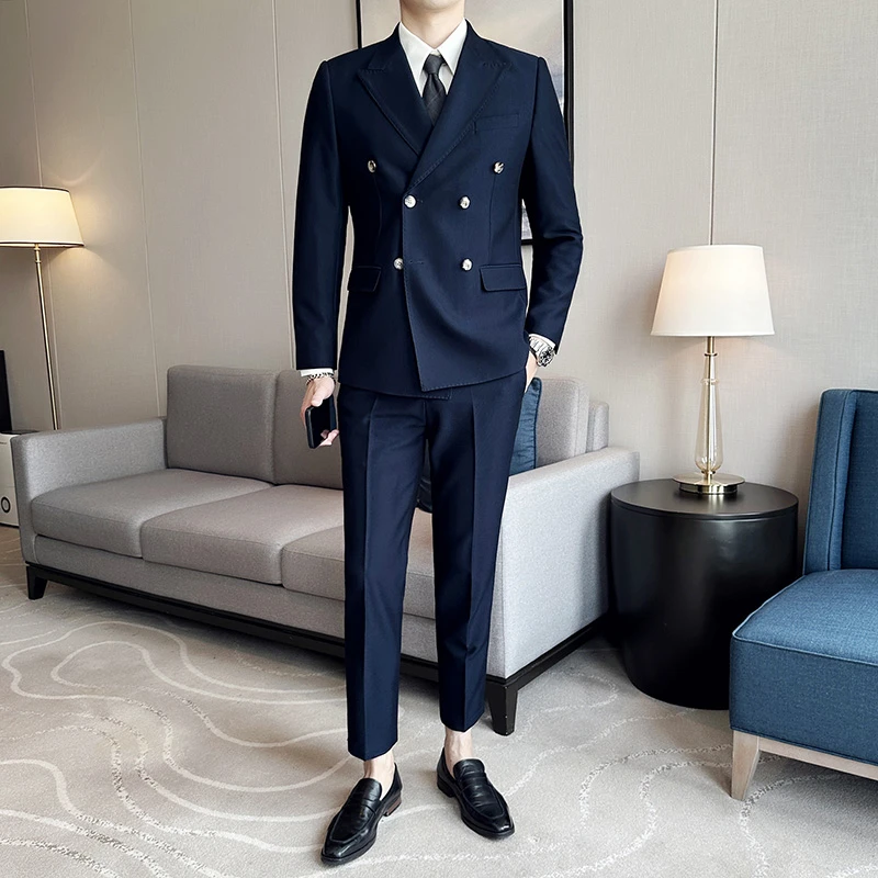 【TGH】双排两粒扣西装男士轻奢商务休闲西服修身英伦两件套LJT2303