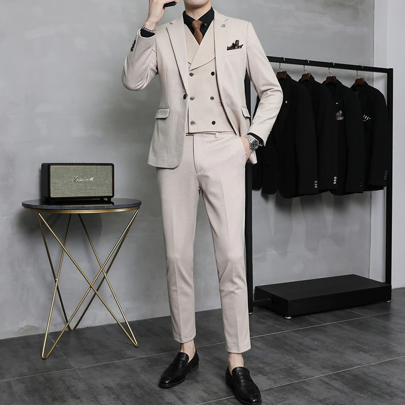 【TGH】加厚毛呢条纹男士西服套装秋冬保暖商务休闲西装两件套LJT09